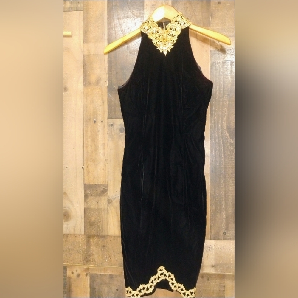 Scott McClintock Vintage Black Velvet Gold Accent Embellished Dress Size 4